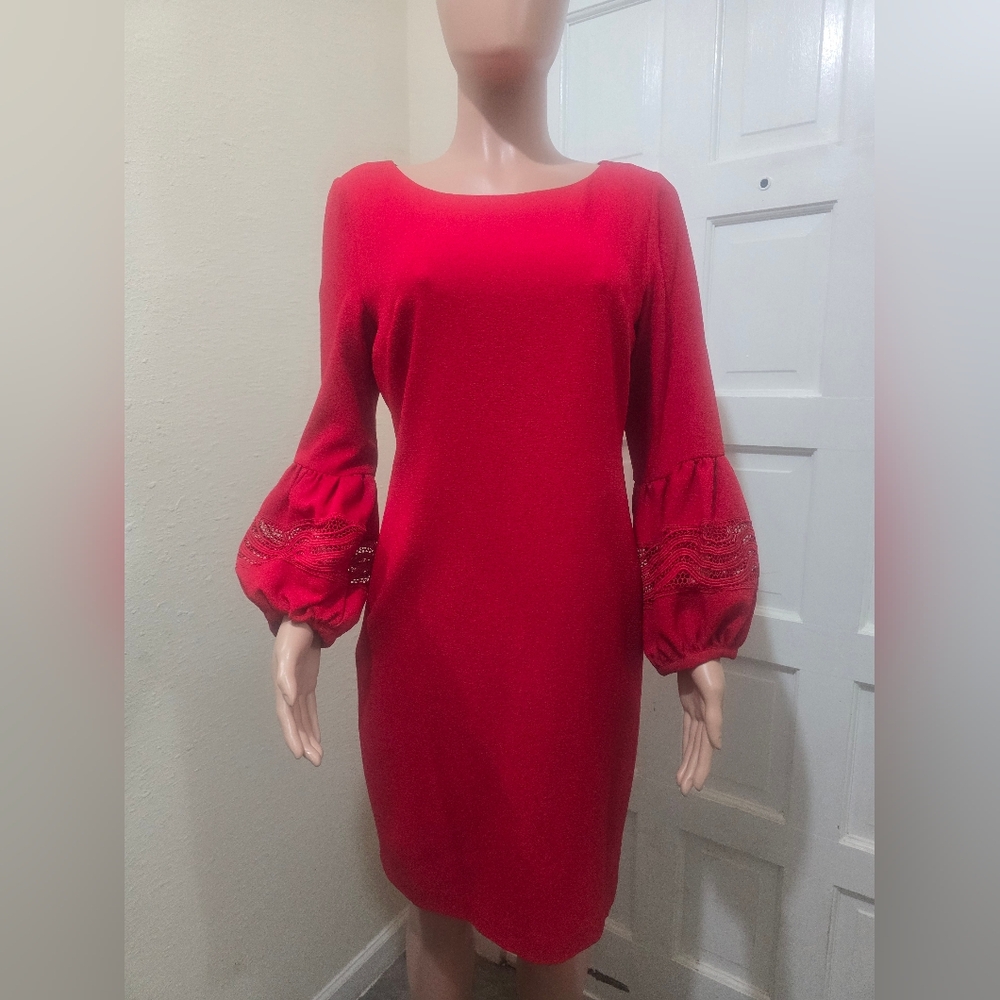 Karl Lagerfeld Red Long Sleeve Shift Dress with Lace-Trim Sleeves - Picture 3 of 8